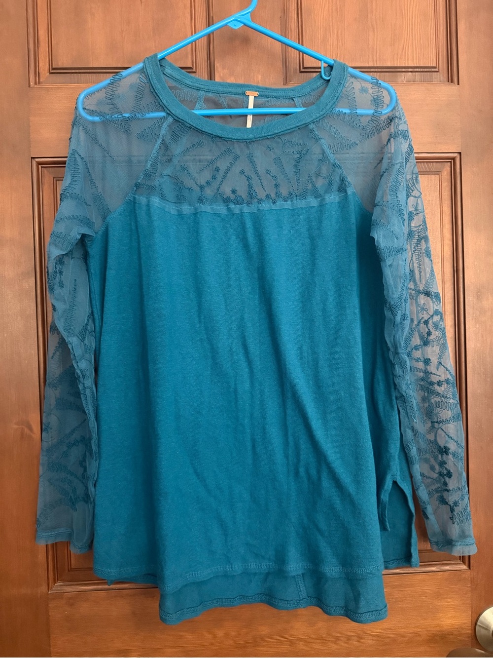Free People Teal Lace-Panel Long Sleeve Top